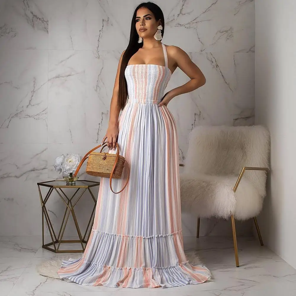 2019 Beach Boho Sexy Women Halter Sleeveless Open Back Colorful Stripes Ruffles Hem Maxi Dress Floor Length Pleated Long Dresse