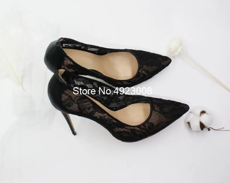 Super High Heel White Pumps Lace Women High Heel Shoes Hollow Pointed Toe Wedding Shoes Big Size 46 Black Sexy Heels Dress Shoes