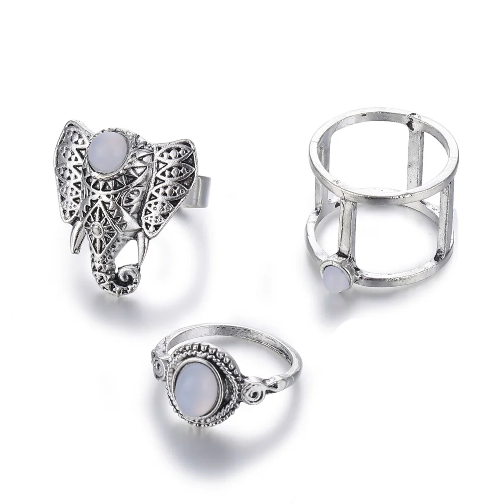 KISS WIFE 3Pcs/Set Fashion Vintage Silver Color Opals Elephant Ring Set For Women Bohemia Carving Rings New Trend Jewelry Gifts