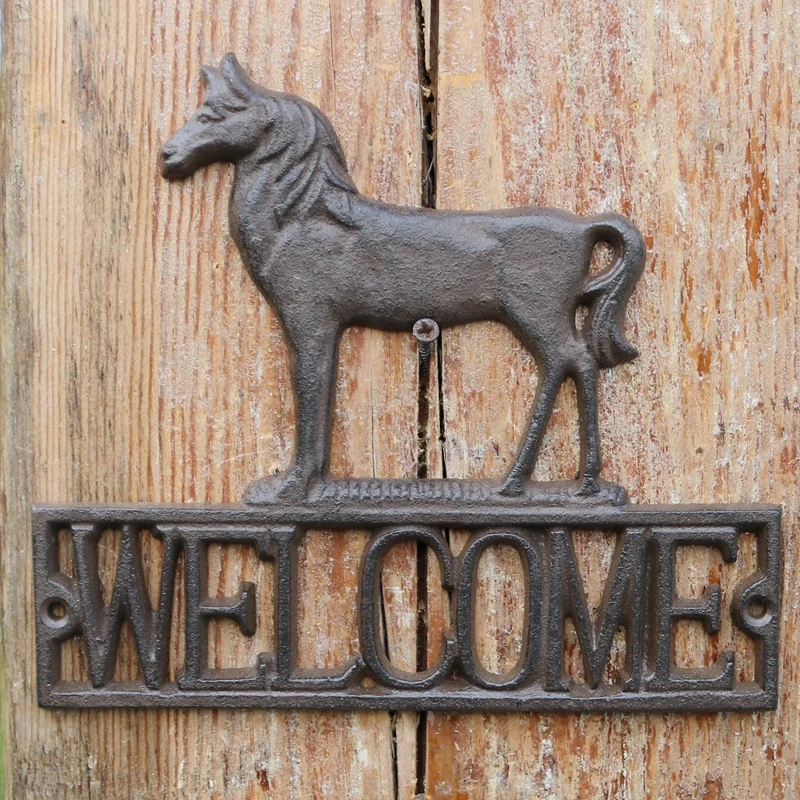 

Rustic Horse Cast Iron WELCOME Signs Plaques Farm House Accents Handmade Vintage Retro Home Garden Wall Decor Animal Figurines