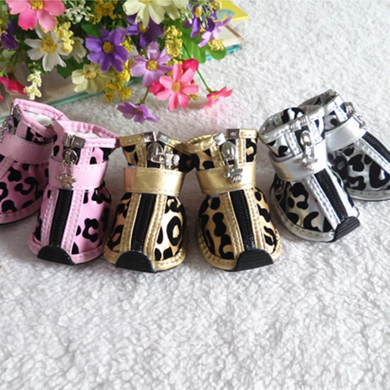 4pcs/set Gold Leopard Leather Pet Dog Shoes PU anti-slip Boot for small dogs Teddy dog cat Waterproof shoes Puppy Booties ZL353