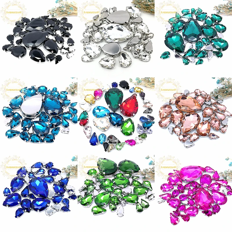 30pcs7 Mixed Size White Drop Glass Crystal Seam Rhinestone With Silver Claw DIY Wedding Dress / Clothing Accessories