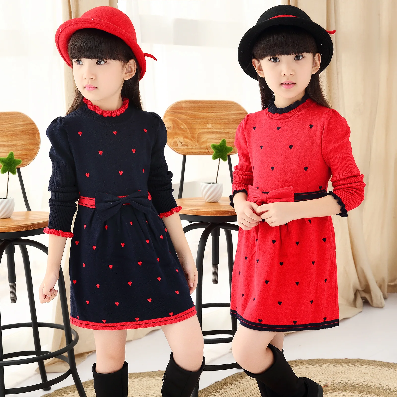 

2022 spring slim wool female child o-neck knit dress pullover girls dresses