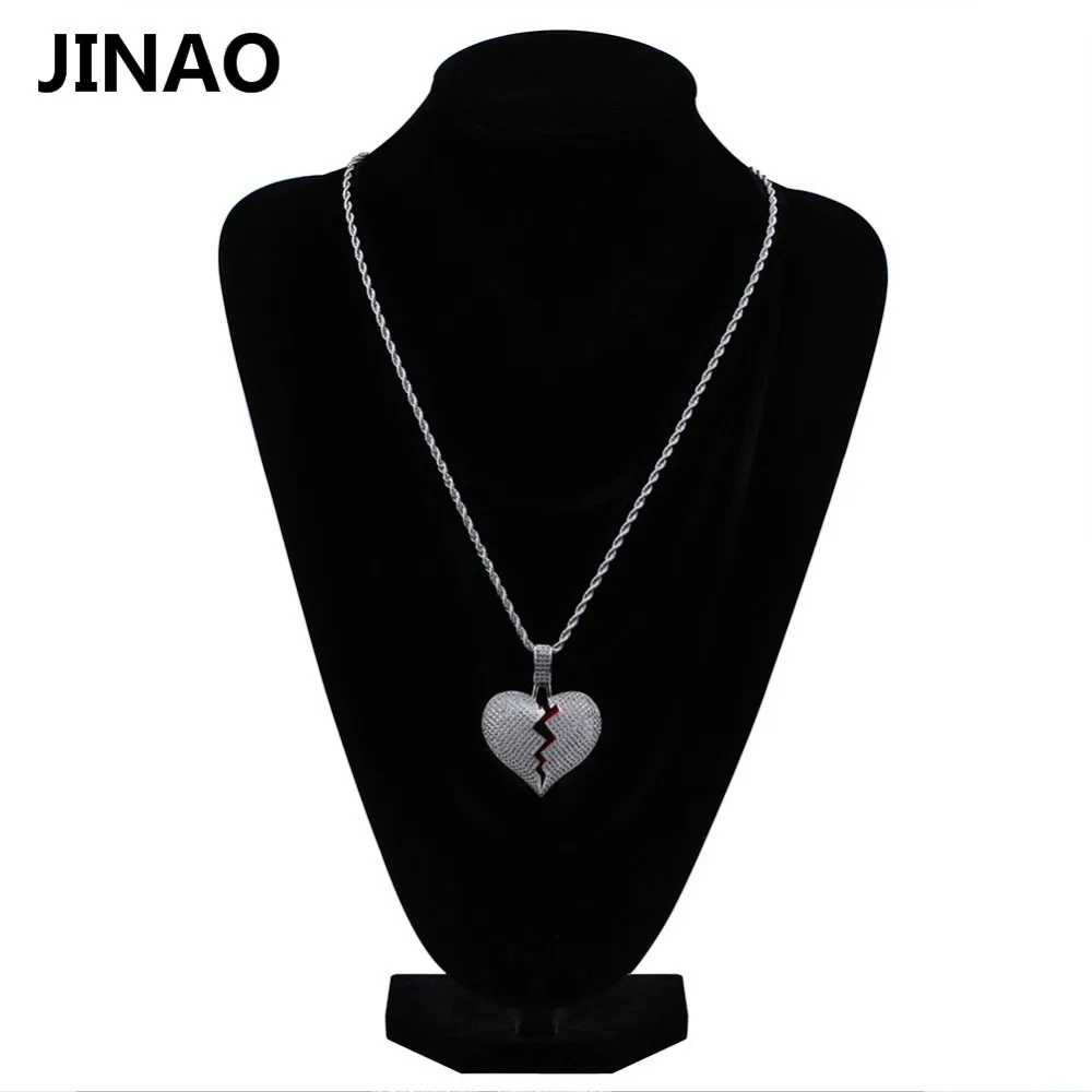 JINAO Fashion Broken Heart Iced Out Chain Pendant Necklace Statement Gold Color Cubic Zircon Necklace Hip Hop Men\'s Jewelry Gift