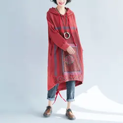 Women Ethnic Style Hooded Dress Loose Retro Casual Printed  Dress irregular Knitted Cotton Vintage Baggy Bat Sleeve Dress