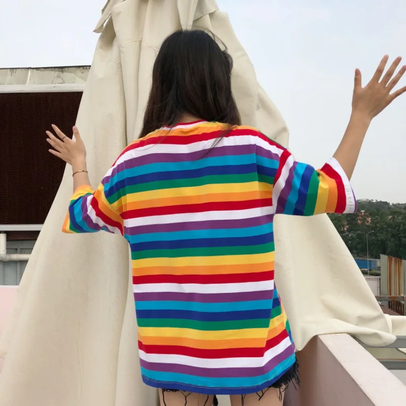 T Shirt Women Rainbow Striped Tops Harajuku Tshirt  Summer Short Sleeve Korean Punk T-shirt camiseta feminina топ image 6