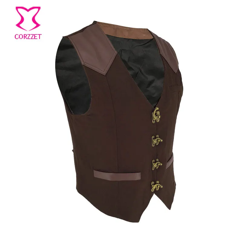 New Brown V-neck Leather Steampunk Gothic Jacket Men Slim Fit Sleeveless Vest Suit Vintage Gilet Homme Waistcoat chaqueta hombre