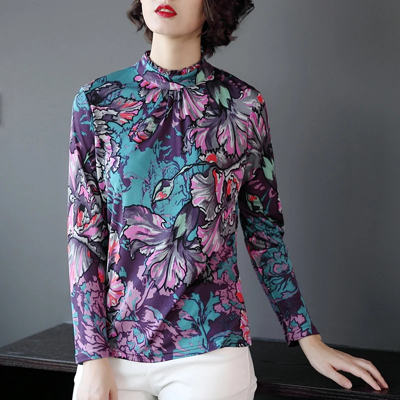 Autumn Female Silk Shirt Sleeved Frill Collar Sleeve Slim Silk  Shirt 120g/m silk Double knit