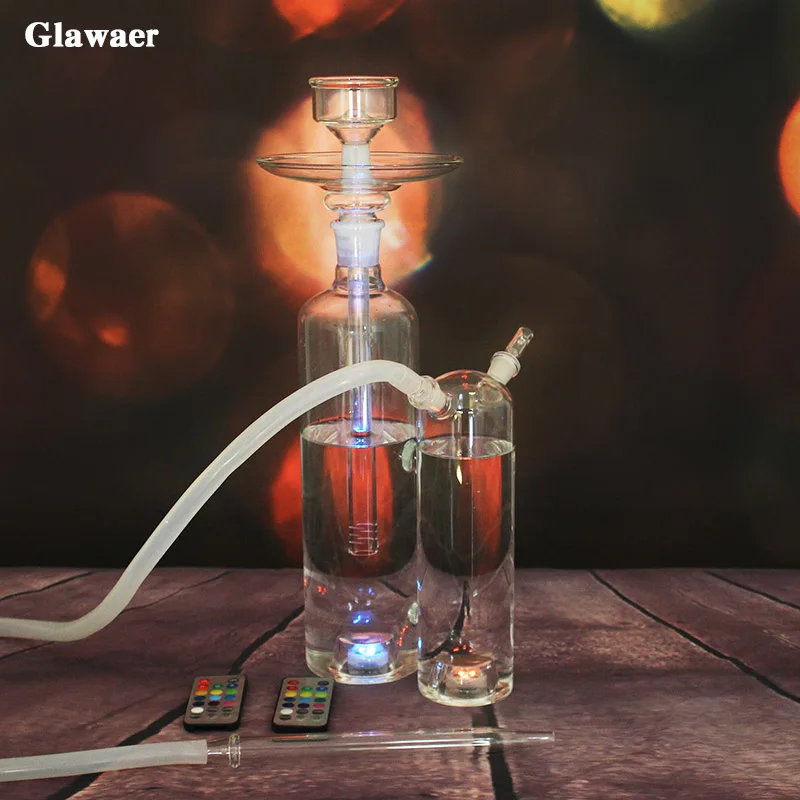 2017 new arrival double bottles style glass hookahs shisha with two LED lights silicone hose glass water pipe narguile chicha