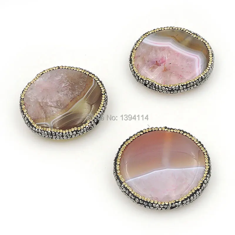 

Natural Stripe Agate Pave CZ Round Oblaten Bead Fit For Making Bracelets Or Necklaces JewelryApprox 35*35*5mm