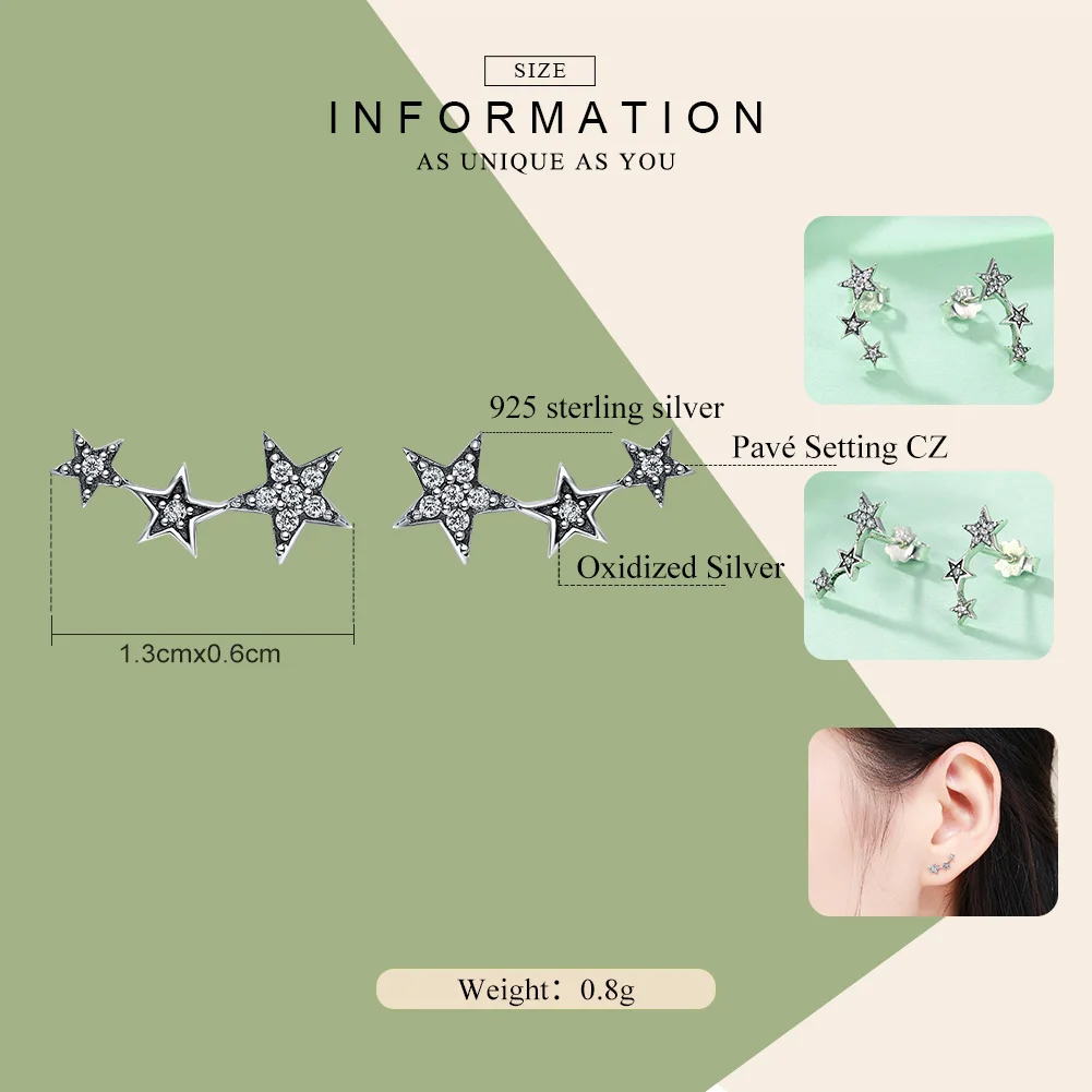 WOSTU Hot sale 925 Sterling Silver Sparking CZ Exquisite Stackable Star Stud Earrings For Women Luxury Jewelry Bijoux CQE175