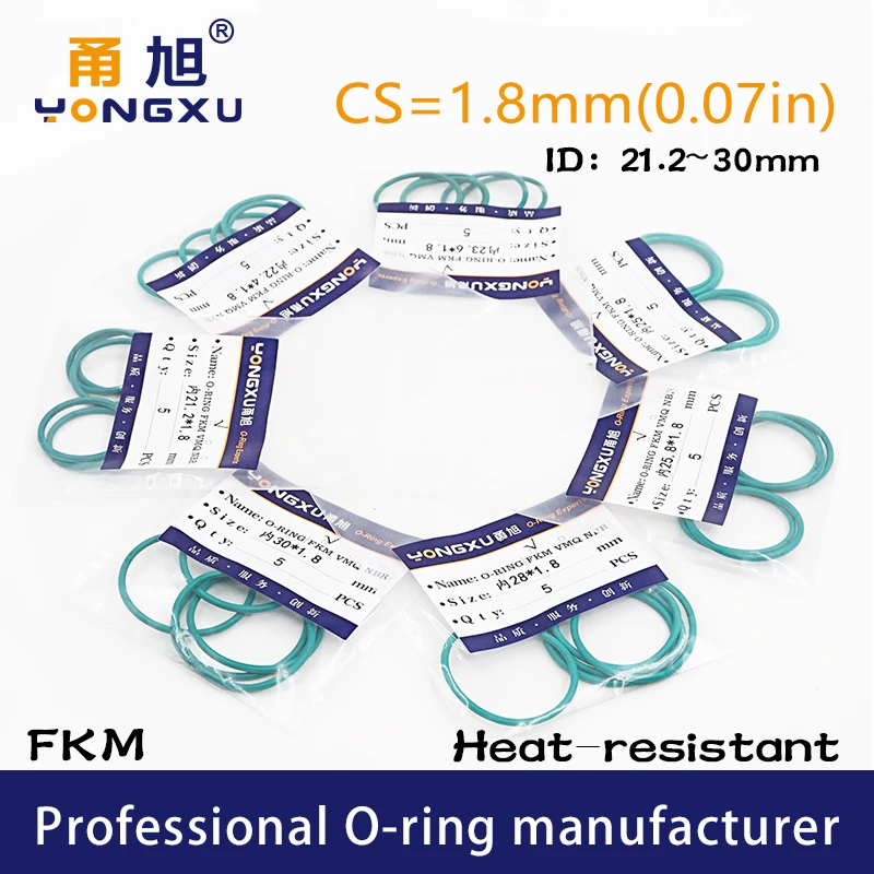 5PCS/lot Green Fluorine Rubber FKM O-rings Seals CS1.8mm ID21.2/22.4/23.6/25/25.8/26.5/28/30*1.8mm ORing Seal Gasket Ring Washer