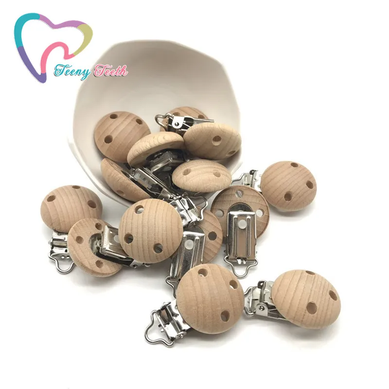 Teeny Teeth 5 PCS Pacifier Clips Round Natural Color Beech Wood Baby Holder Teether 3 Holes Universal Clip Wood Dummy Cilp