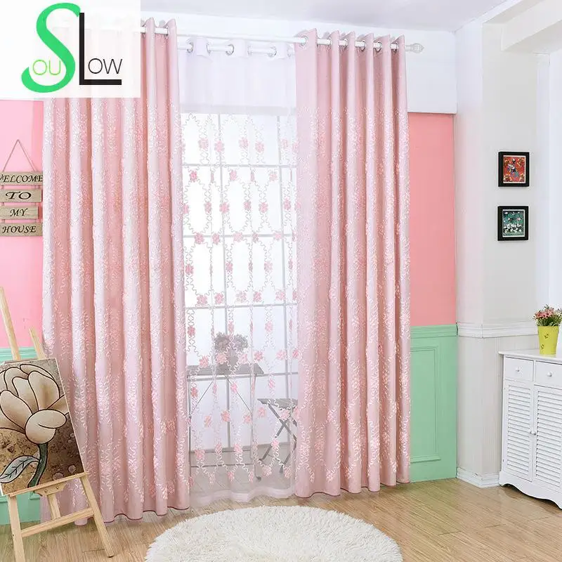 Slow Soul Pale Pink Roses Curtains Embroidered Jacquard Curtain Fabric Floral Tulle For Living Room Kitchen Bedroom Sheer