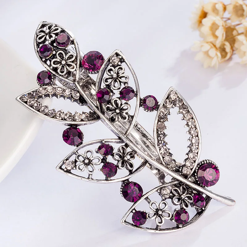 EASYA Blue Purple Crystal Leaf Barrettes Hairwear Hair Accessories Vintage Rhinestone Leaves Hairpin Clips Ornaments
