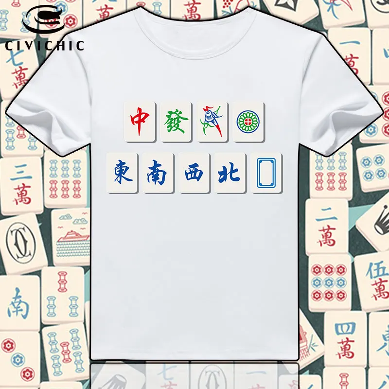 CIVI CHIC Summer Men Short Sleeve T Shirt Woman Chinese Moh-jong Print Tops Oriental Style Mahjong T-shirt Plus Size Tees WST116