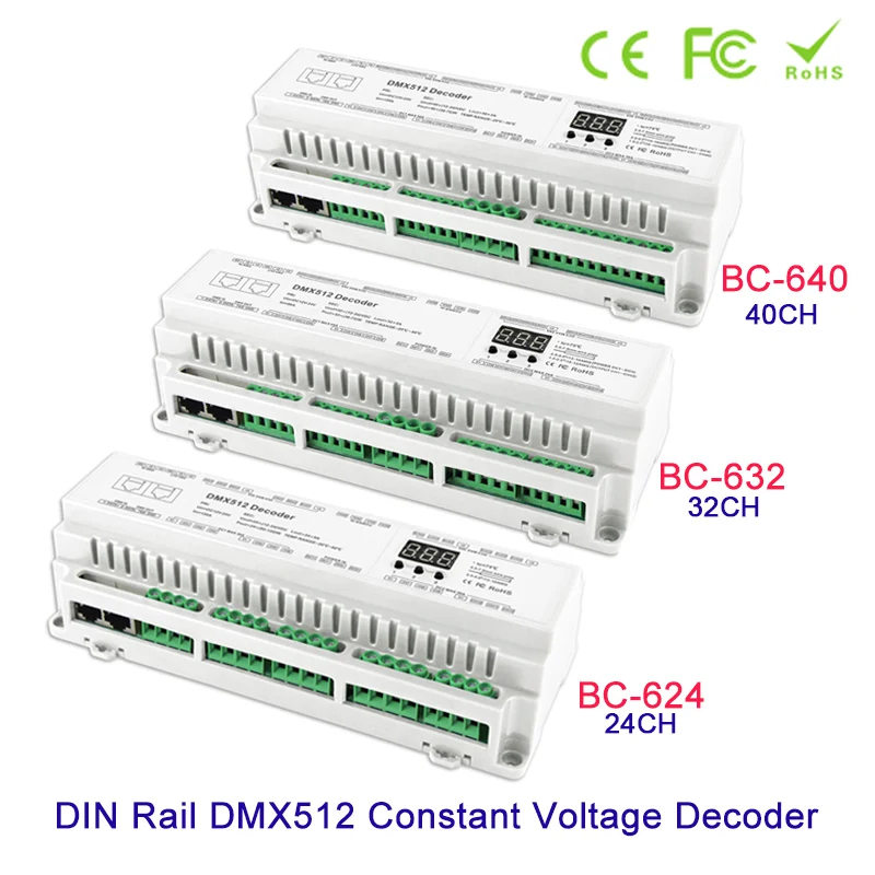 New arrival DIN Rail 24CH 32CH 40CH DMX512 Constant Voltage PWM Decoder  3 digital display shows large-scale projects Controller