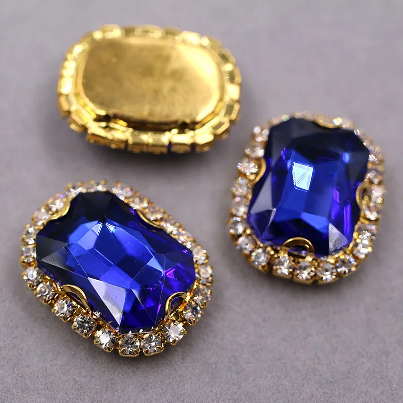 Free shipping Gold base Rectangular octagonal shape Royal Blue sew on rhinestones glass Crystal button DIY clothing accessories