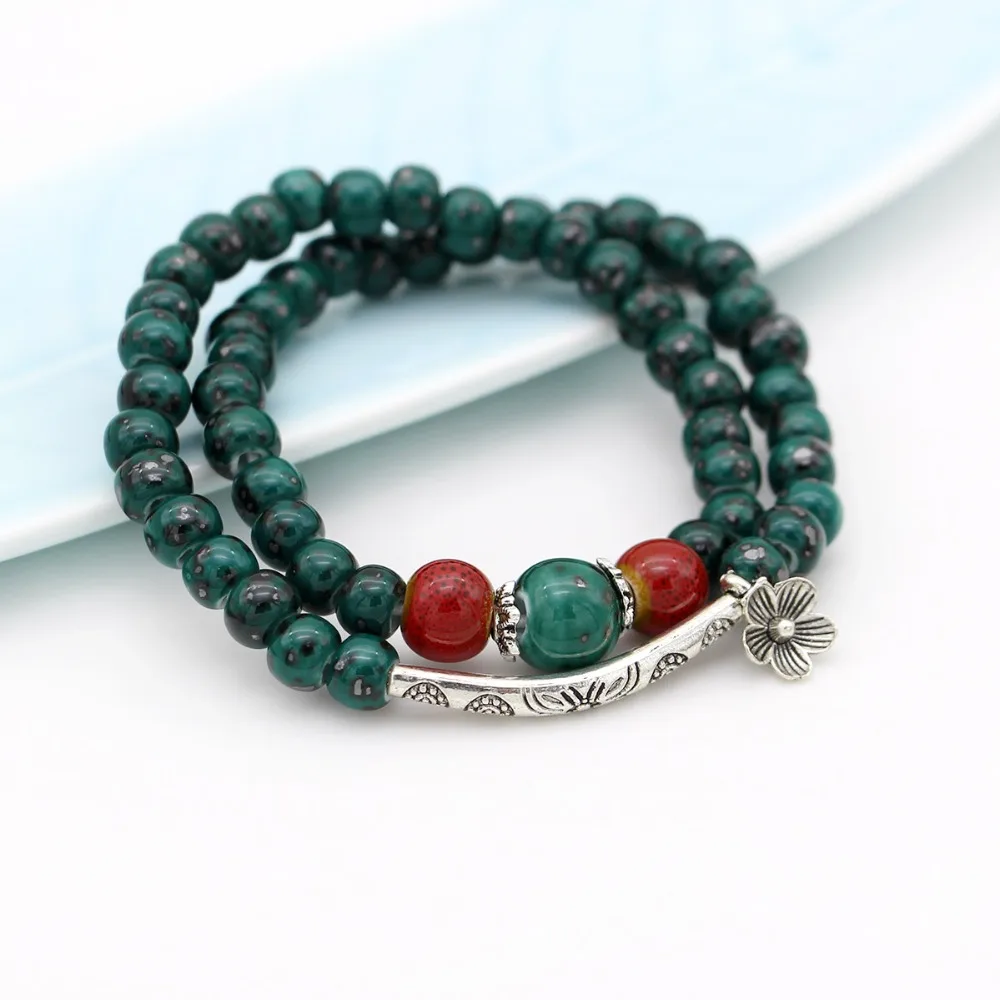 New Arrivel Bohemian green beads Bracelets Multilayer Charm bangle Elastic Line handmade little flower For Women Jingdezhen