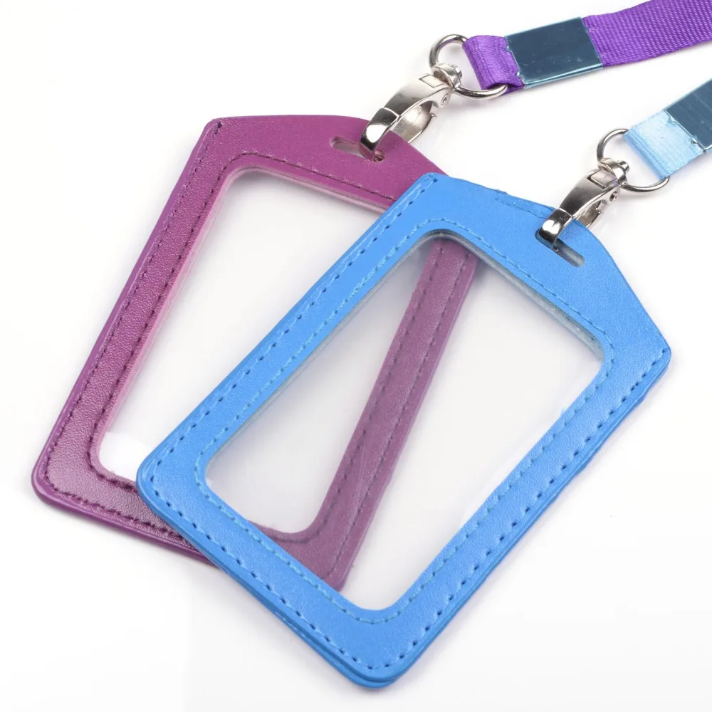 5 Pcs Assorted colors Faux Leather Business Id Credit Card Badge Holder Clear Pouch Case with Long Neck Strap Band Lanyard