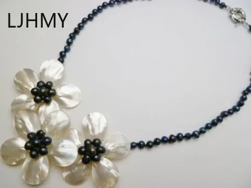 

LJHMY Fashion Jewelry Three White Mother Pearl Shell Flower Black NecklaceWomen Wedding Party Necklace Gift