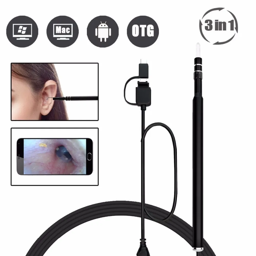 

Type-C 3in1 USB OTG Visual In Ear Cleaning Endoscope Spoon Earpick Diagnostic-Tool Android 720P Camera Otoscope Borescope Tool