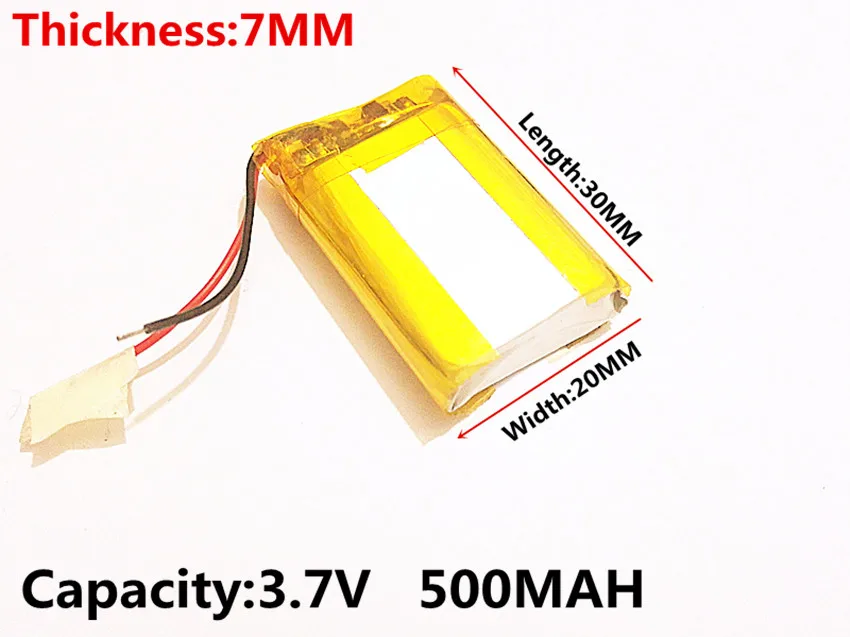 แบตเตอรี่ลิเธียมโพลิเมอร์ 3.7 V 702030 500MAH สามารถขายส่ง CE FCC ROHS MSDS รับรองคุณภาพ