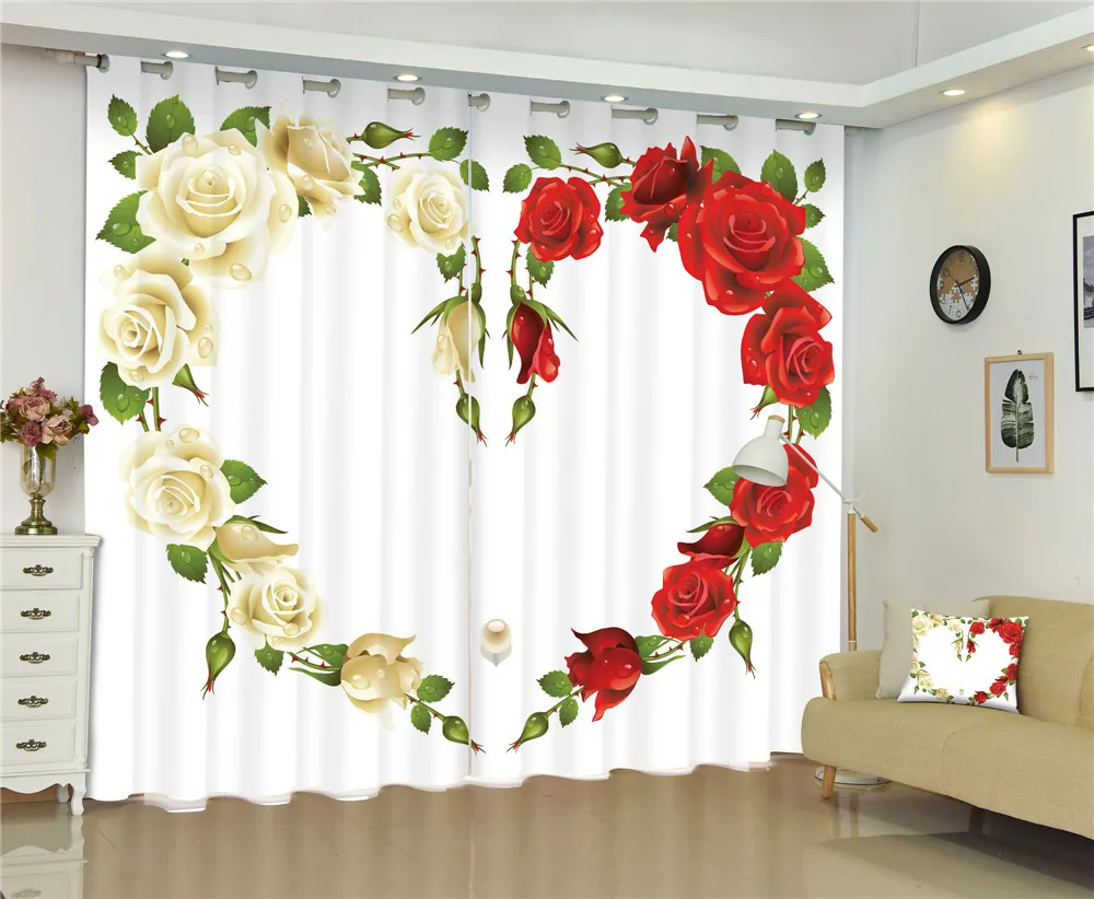 Curtains Rose love Luxury Blackout 3D Curtains Living Room wedding Bedroom Drapes Cortinas Rideaux Customized size pillowcase