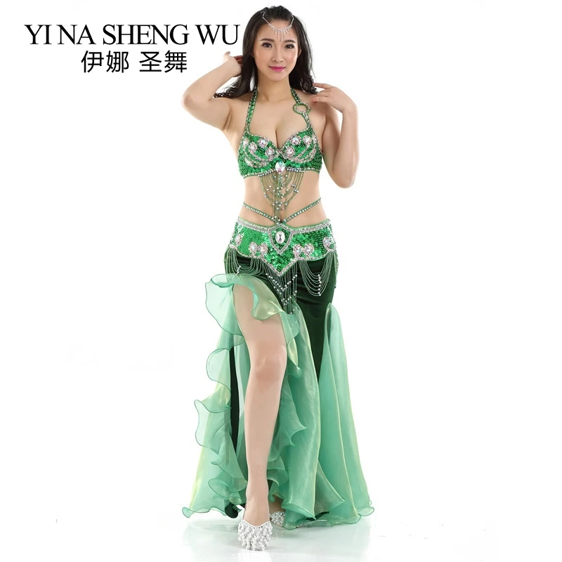 3pcs Set Adult Belly Dance Performance Costumes Flannel Split Skirt Oriental Dance Performance Clothing Bra Belt Skirt Dance Set