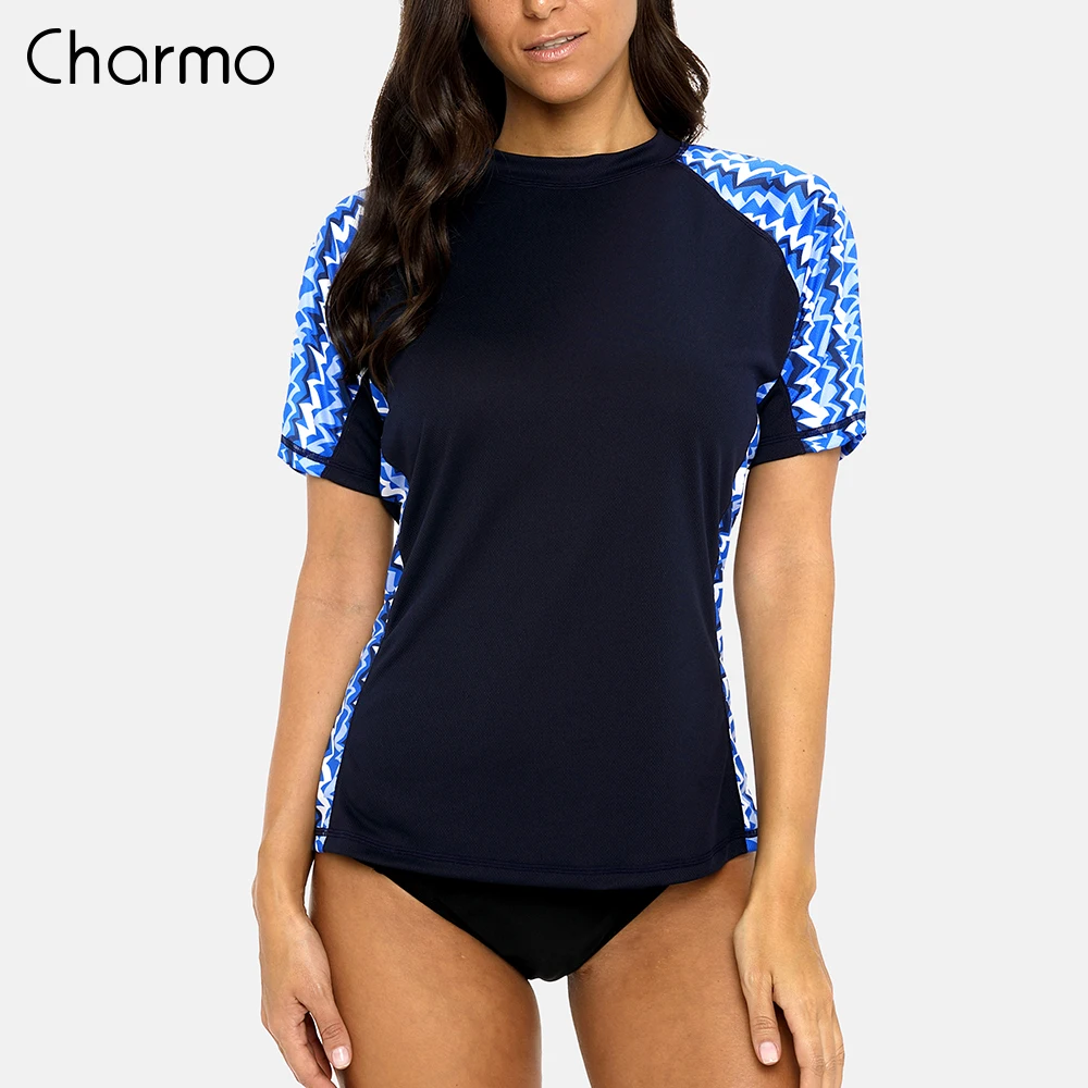 Camisa Charmo-retro com estampa floral feminina, manga curta, camisa Rashguard, secagem rápida, UPF50 Plus, camisa de caminhada, top surf