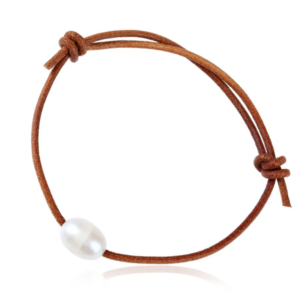 9-10mm Freshwater Natural Pearl Bracelet For Woman Genuine Leather Bracelet Brown Adjustable Rope Chain