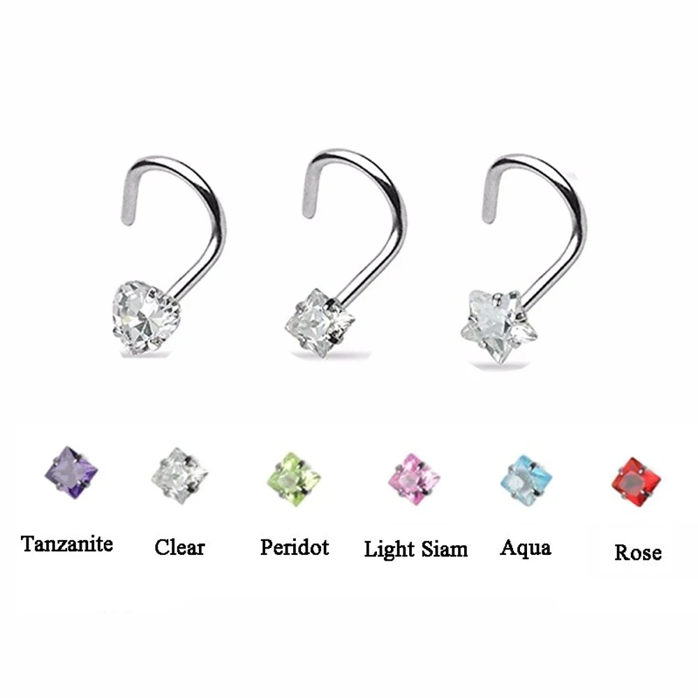 1Pcs Prong Set Zircon Nose Screw Rings Piercing Nose Studs Body Jewelry 20g Star&Heart&Square