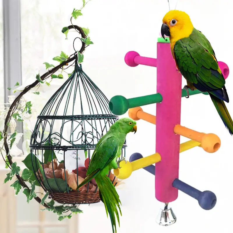 Bird Parrot Perch Stand Play Fun Toys Cage Gym Climbing Wooden Rotate Ladder Chewing Cage With Bell Bird