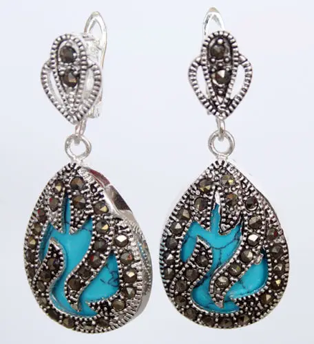 

hot sell new - Vintage Turquoise Teardrop 925 Sterling Silver Marcasite Dangle Earrings