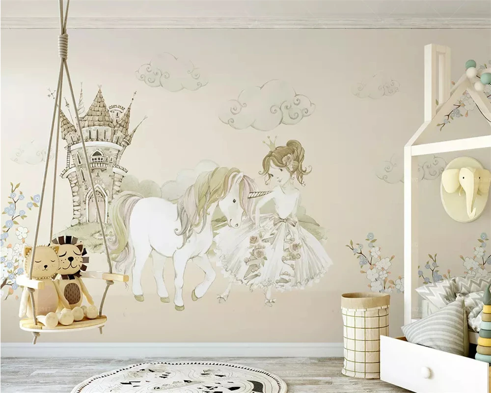 beibehang Custom original little princess and one-horned horse castle fairy tale children's room background wallpaper painting