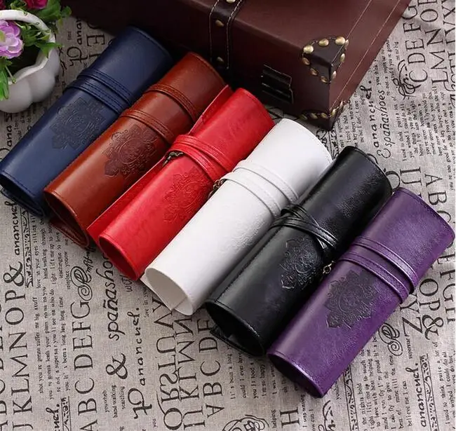 1PCS Luxury Vintage Women Roll Leather Purse Makeup Cosmetic Pen Pencil Brush Bag Case Pouch Purse Bag for School