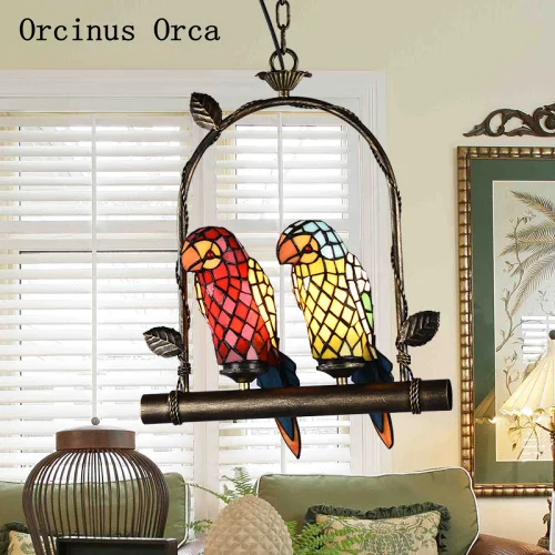 European retro coloured parrot chandelier living room dining hall corridor Mediterranean LED glass bird Chandelier