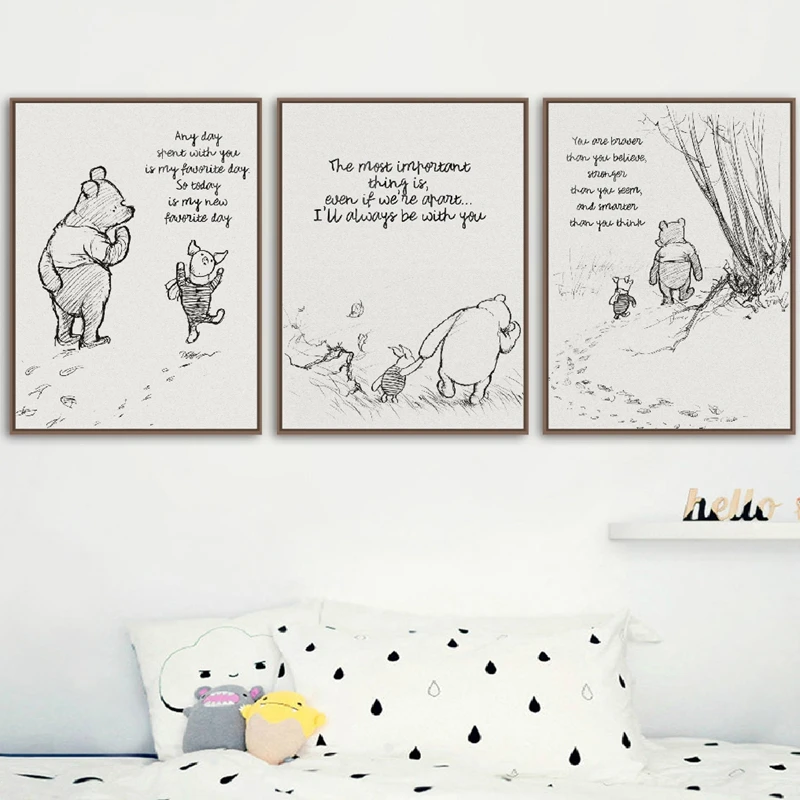 Winnie The Pooh Quotes Canvas Posters and Prints Classic Cartoon Movie Art Painting Black White Picture Kids Room Wall Art Decor