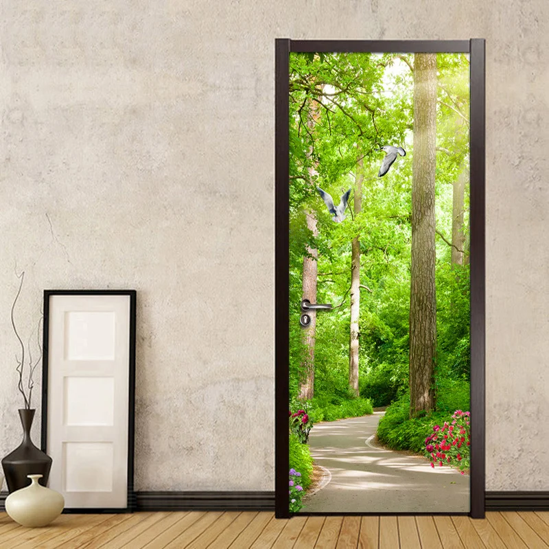 

Forest Small Road Nature Landscape Mural Waterproof Self-Adhesive Door Sticker Living Room Bedroom 3D Door Wallpaper Wall Decals