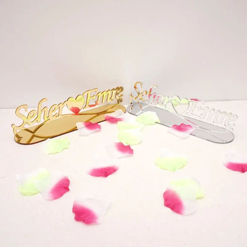 Personalized Name Mirror TableShow With Stand Plate Custom Acrylic Wedding Table Decor Love Heart Party Favors Bride Gifts Wave