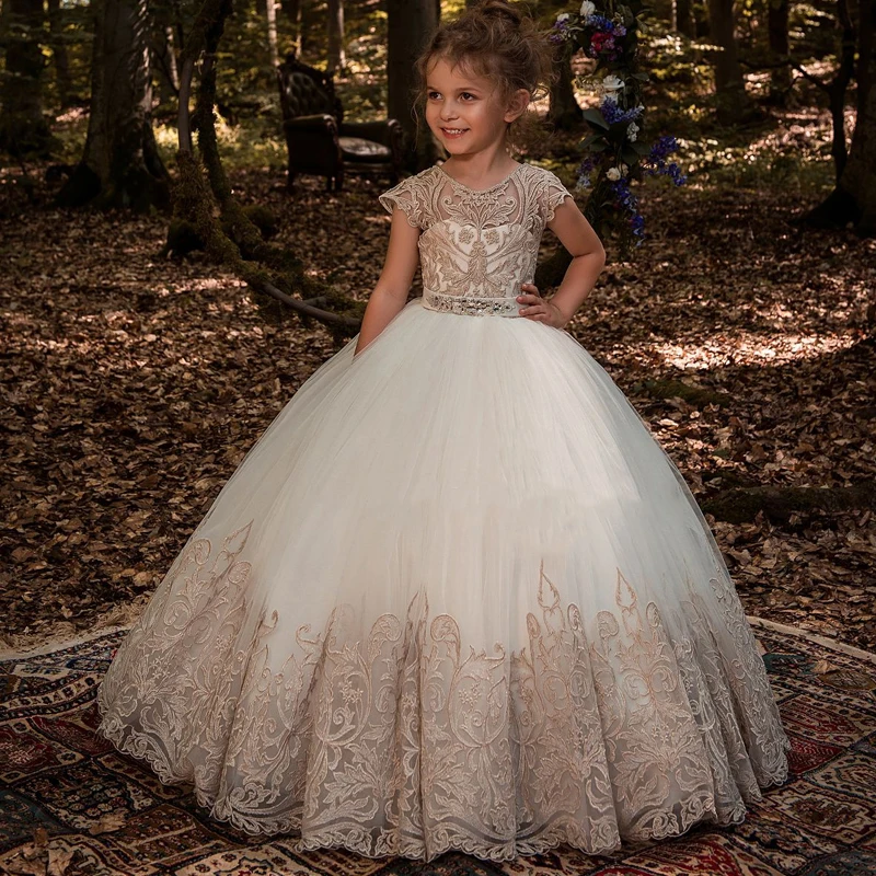 Vestido de primera Comunión con Apliques de encaje para niños, vestido de baile de princesa de manga corta, hecho a medida, vestidos de flores para niñas, nuevo