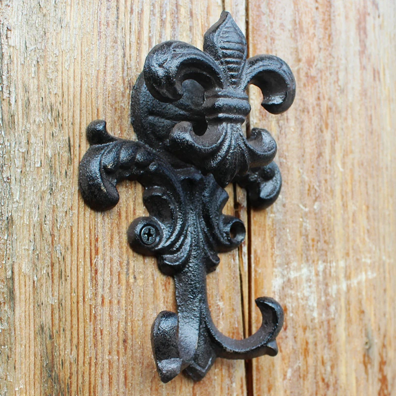 Antique Black Fleur De Lis Design Cast Iron Wall Hook With Two Hangers European Industrial Accents Home Garden Wall Decor Hook