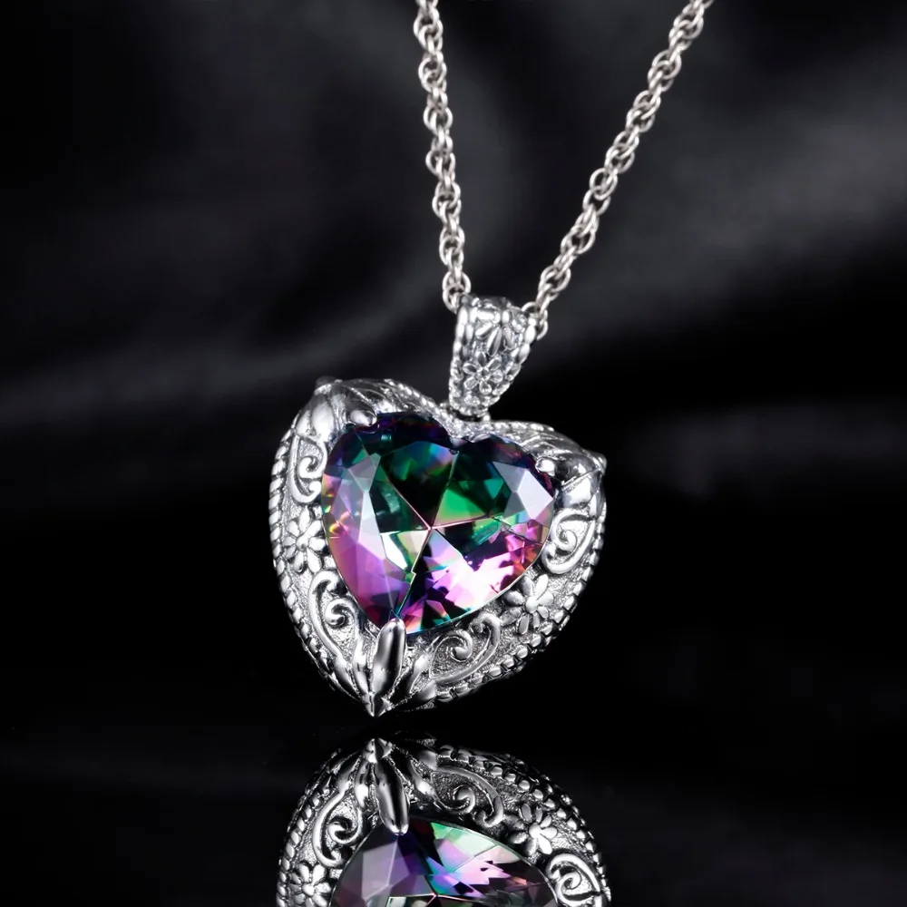 Szjinao Vintage Mystic Topaz Heart Necklace Pendant For Women Solid 925 Sterling Silver Rainbow Topaz Pendants Woman Jewelry Hot