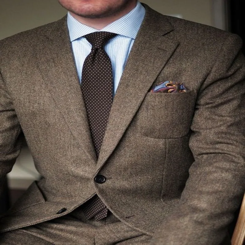 Coat Pants Design Brown Tweed Groom Tuxedos 2 Piece Herringbone Mens Wedding Prom Dinner Suits Autumn Winter Man Suit