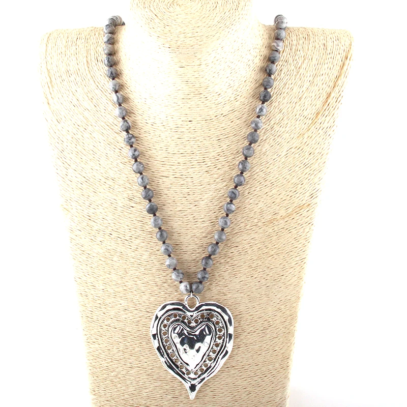 Fashion Bohemian Jewelry Semi Precious Stones Long Knotted Metal Heart Pendant Necklaces