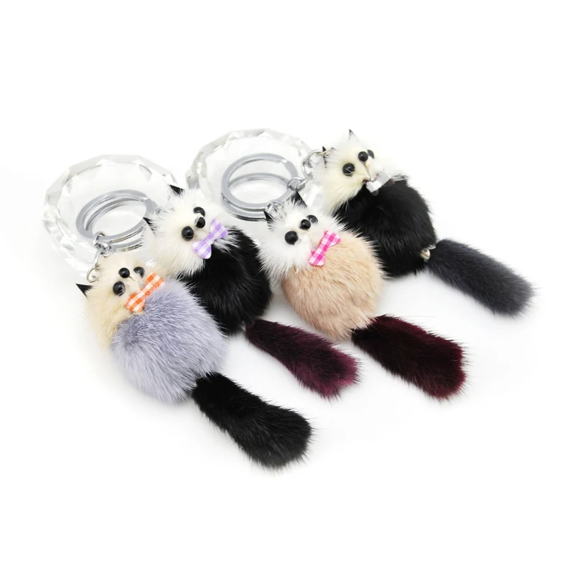 Fashion Cute Fluffy Pompom Raccoon Keychain Genuine Mink Fur Pom Pom Fox Bear Key Chain Ring Woman Bag Charms Man Trinket Gift