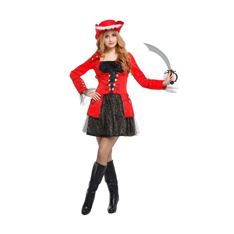 Fantasia Red Female Warrior Cosplay Woman Halloween Pirates of the Caribbean Costumes Carnival Purim Role Play Rave Party Dress