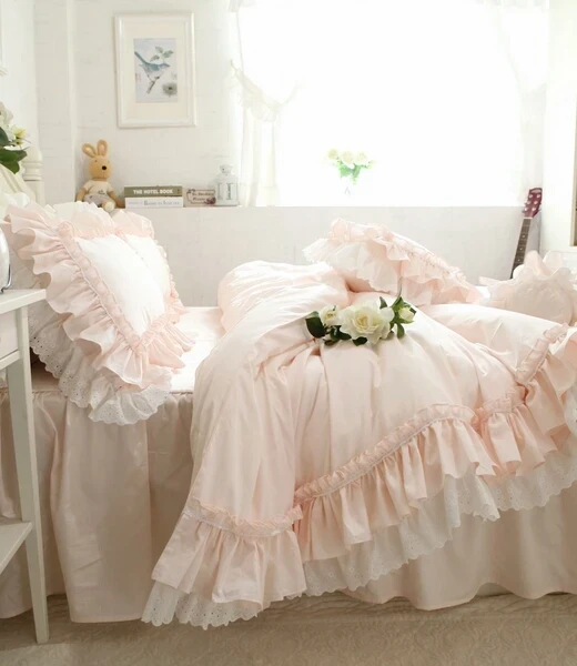 Korean Pure Cotton Pink Luxury Princess Wedding Beding 4pcs Sets King Queensize European Duvetcover Bedskirt Comforter Cover Set