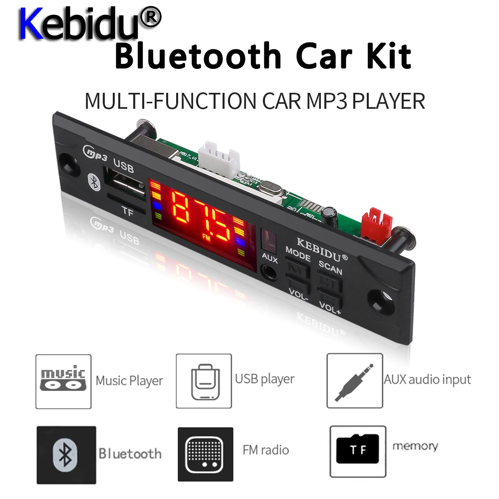 kebidu MP3 Player DC 12V 5V Wireless Bluetooth Audio Module MP3 WMA Decoder Board USB FM TF Radio For Car MP3 Accessories