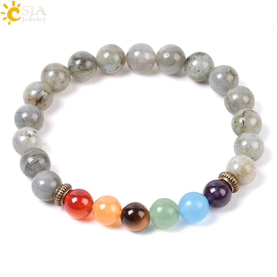 CSJA Natural Gem Stone Spectrolite Labradorite Beads 7 Chakra Bracelets for Men Meditation Healing Reiki Pulseira Masculina E951